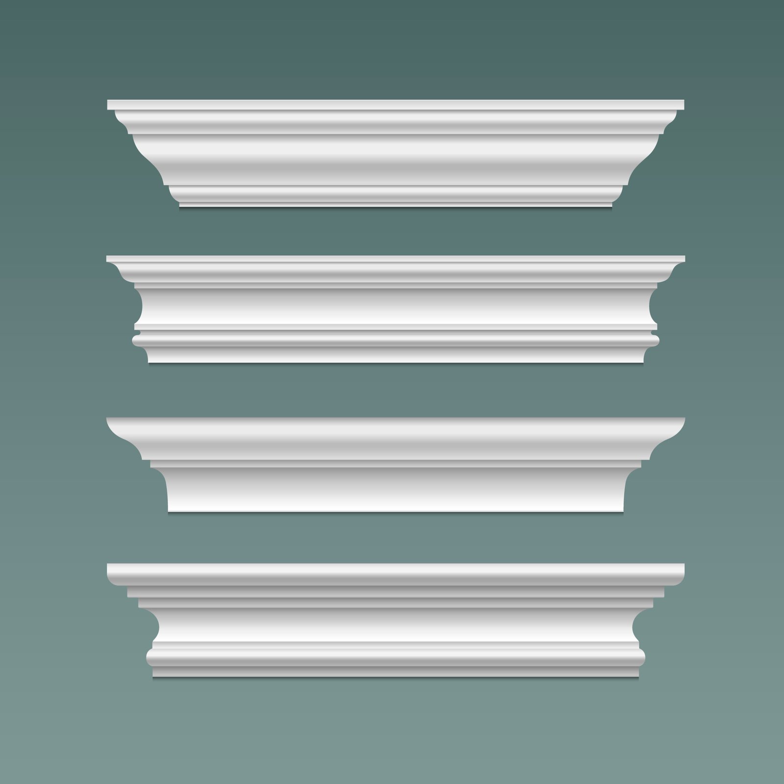 Classic cornice molding set isolated on background. Vector realistic illustration of antique architecture decoration, luxury home interior design, plastic or wooden element for ceiling, floor design